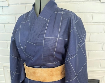 Japanese Men's YUKATA  / Traditional  Navy blue with Lattice pattern, Size: LL