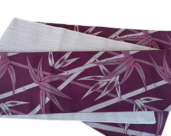 Washable Traditional Reversible Hanhaba OBI, Long  / Bamboo leaves, Purple and silver