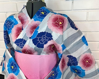 Peony Yukata & Obi Set: Japanese Cotton Kimono (Size M-L)