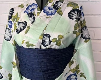 Japanese Yukata & Obi Set – Mint Green Morning Glory (Asagao) Yukata with Crinkled Navy Heko Obi, Size: Free