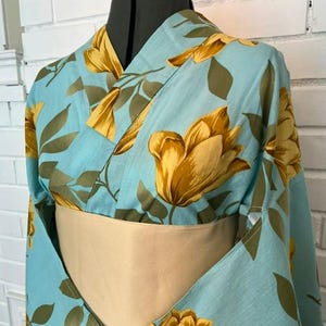 Japanese Vintage Yukata – Turquoise Blue with Golden Tulip Print, Women's Cotton Kimono, Size: S-M