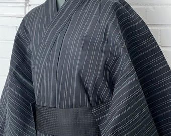 Japanese Men's Yukata 5-Piece Set – Black Pinstripe, Size M-L (Kaku Obi, Drawstring Bag, Fan, Koshihimo)