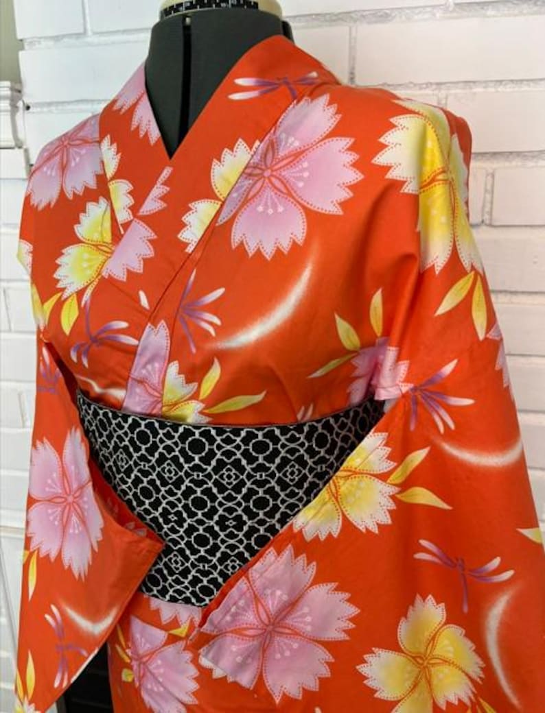 Japanese Vintage Yukata – Orange with Cherry Blossom & Dragonfly Print, Women's Cotton Kimono, Size: M