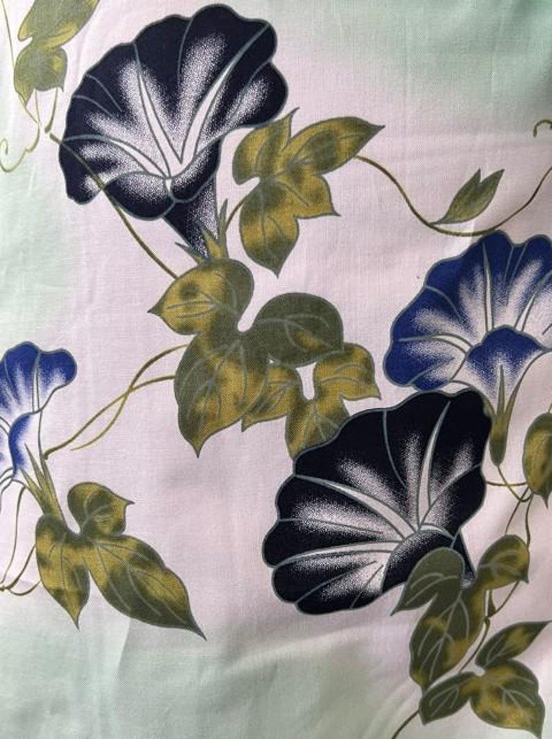 Japanese Yukata & Obi Set – Mint Green Morning Glory (Asagao) Yukata with Crinkled Navy Heko Obi, Size: Free afbeelding 18