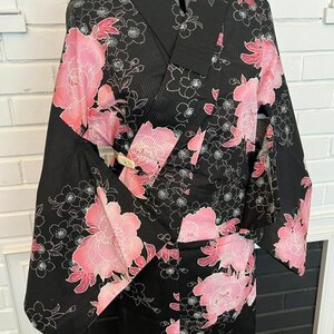 Japanese Yukata 5-Piece Set – Black with Pink Peony Floral Print, Women's Cotton Kimono with Obi & Accessories image 13