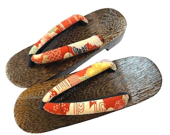 Japanese Women's Traditional Wooden Geta Sandals with Crimson Kimono Straps, Size S-M