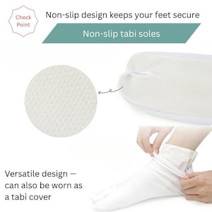 May include: White tabi socks with a non-slip sole design. The socks can be worn as a tabi cover. The image shows a close-up of the non-slip sole and a person wearing the socks.