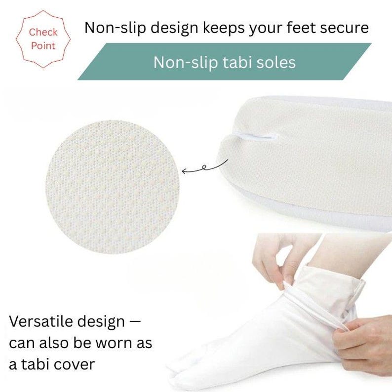 May include: White tabi socks with a non-slip sole design. The socks can be worn as a tabi cover. The image shows a close-up of the non-slip sole and a person wearing the socks.