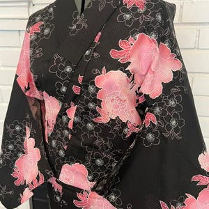 Japanese Yukata 5-Piece Set – Black with Pink Peony Floral Print, Women's Cotton Kimono with Obi & Accessories image 8