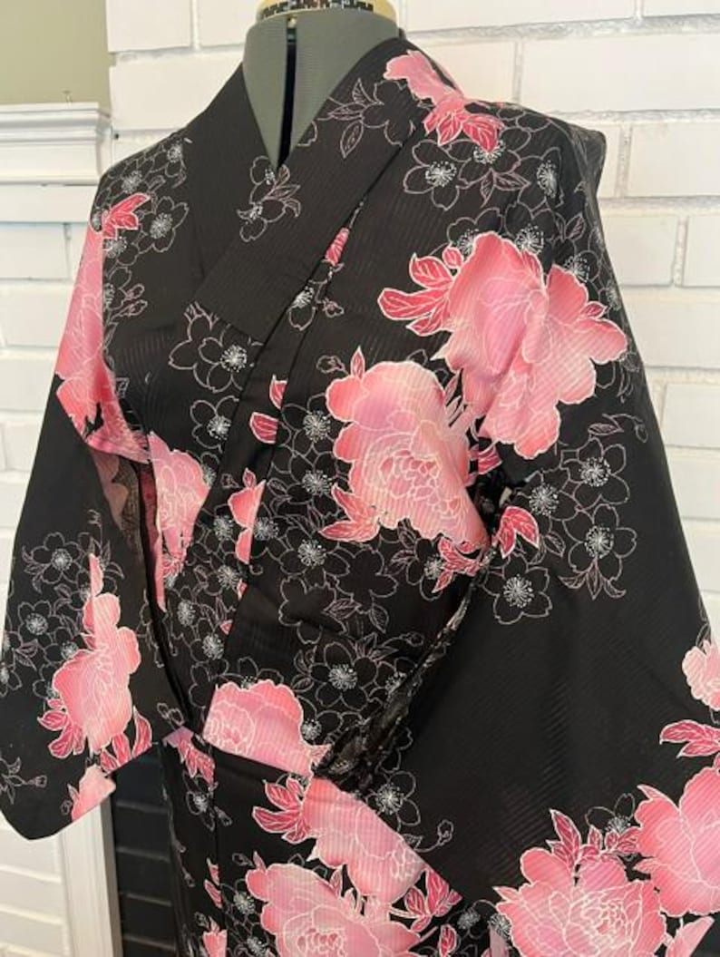 Japanese Yukata 5-Piece Set – Black with Pink Peony Floral Print, Women's Cotton Kimono with Obi & Accessories image 8