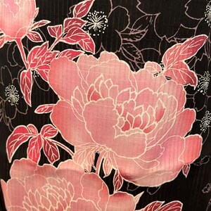 Japanese Yukata 5-Piece Set – Black with Pink Peony Floral Print, Women's Cotton Kimono with Obi & Accessories image 19