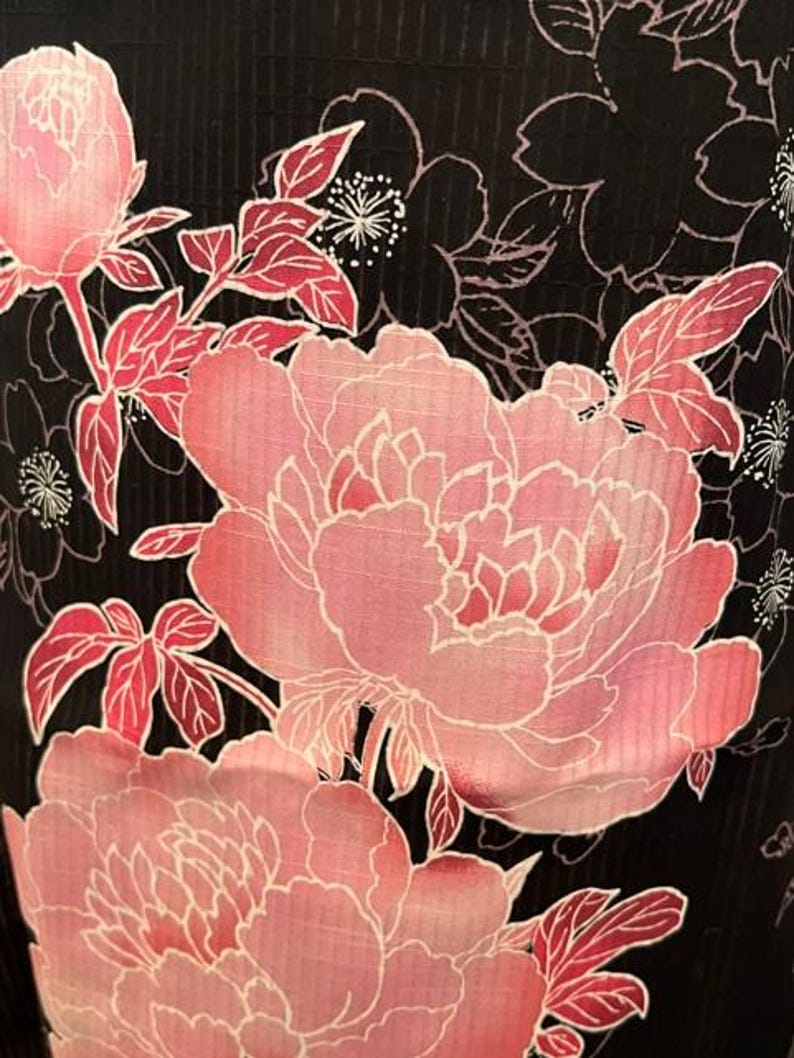 Japanese Yukata 5-Piece Set – Black with Pink Peony Floral Print, Women's Cotton Kimono with Obi & Accessories image 19