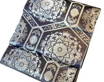 Vintage Japanese Silk Fukuro Obi – Blue-Gray with Silver Floral Motifs