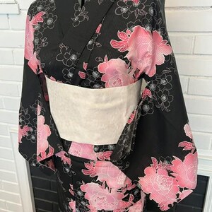 Japanese Yukata 5-Piece Set – Black with Pink Peony Floral Print, Women's Cotton Kimono with Obi & Accessories image 2