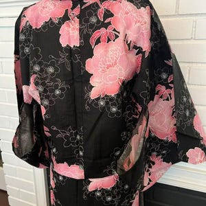 Japanese Yukata 5-Piece Set – Black with Pink Peony Floral Print, Women's Cotton Kimono with Obi & Accessories image 16