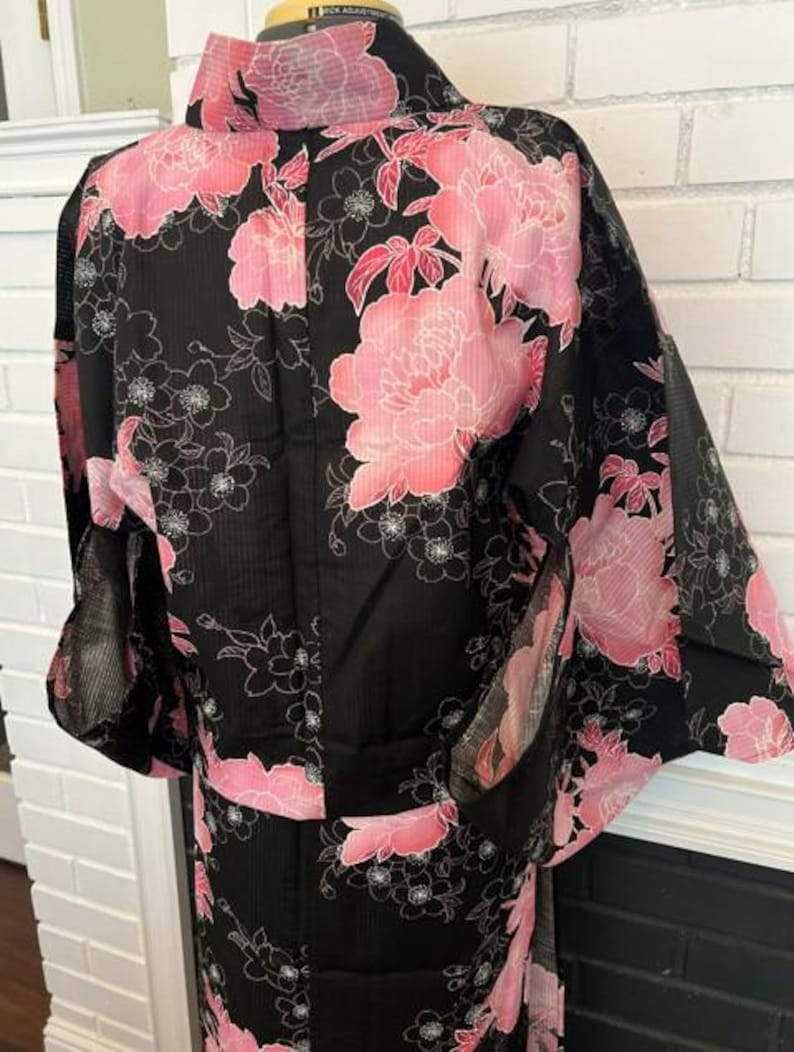 Japanese Yukata 5-Piece Set – Black with Pink Peony Floral Print, Women's Cotton Kimono with Obi & Accessories image 16