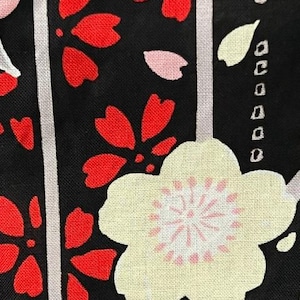 Japanese Yukata & Pre-tied Obi Set – Black Floral Print with Red Satin Bow Obi, Size FREE image 18