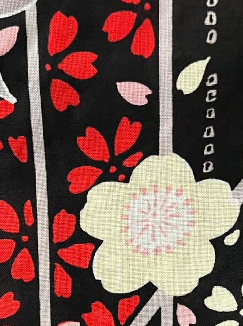 Japanese Yukata & Pre-tied Obi Set – Black Floral Print with Red Satin Bow Obi, Size FREE image 18