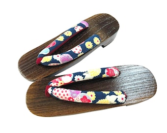 Japanese Women's Traditional Wooden Geta Sandals with Colorful Floral Navy Straps, Size M-L