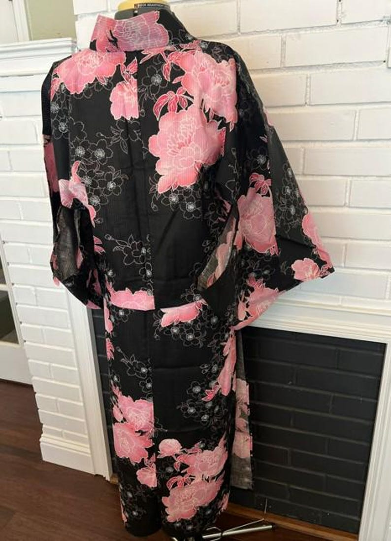 Japanese Yukata 5-Piece Set – Black with Pink Peony Floral Print, Women's Cotton Kimono with Obi & Accessories image 17