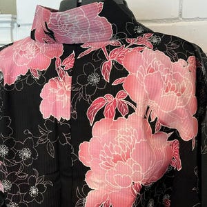 Japanese Yukata 5-Piece Set – Black with Pink Peony Floral Print, Women's Cotton Kimono with Obi & Accessories image 18