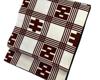 Vintage Japanese Fukuro Obi – Cream & Brown Geometric Pattern with Black Lining