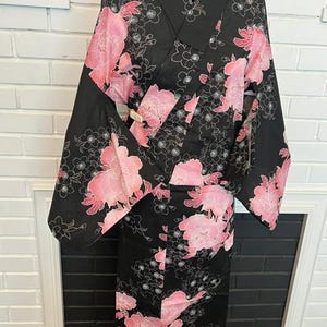 Japanese Yukata 5-Piece Set – Black with Pink Peony Floral Print, Women's Cotton Kimono with Obi & Accessories image 14