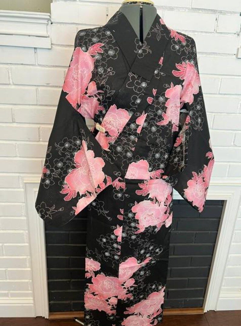 Japanese Yukata 5-Piece Set – Black with Pink Peony Floral Print, Women's Cotton Kimono with Obi & Accessories image 14