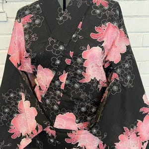 Japanese Yukata 5-Piece Set – Black with Pink Peony Floral Print, Women's Cotton Kimono with Obi & Accessories image 7