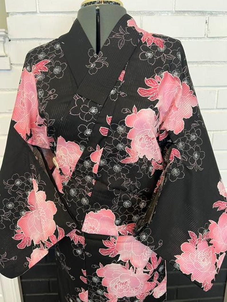 Japanese Yukata 5-Piece Set – Black with Pink Peony Floral Print, Women's Cotton Kimono with Obi & Accessories image 7