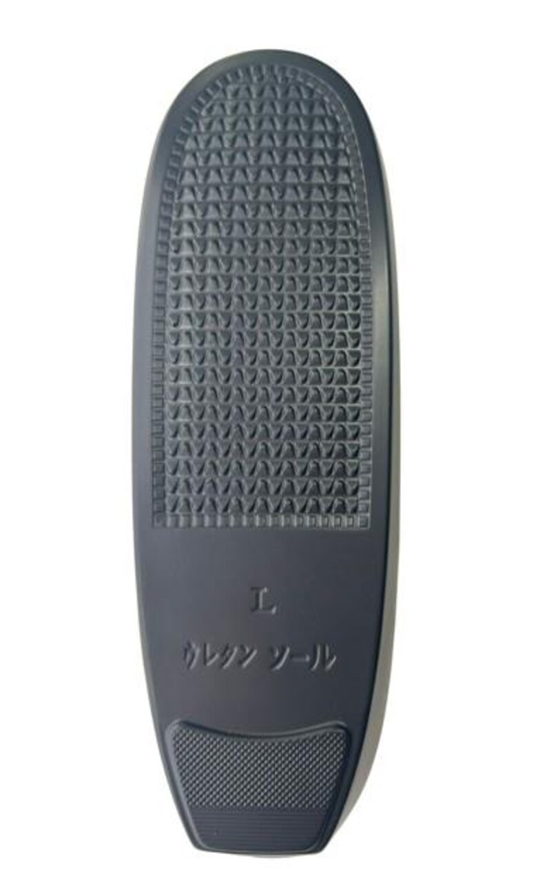 May include: A dark gray insole with a textured surface. The insole has a rounded top and a rectangular bottom with a smaller textured area. The letter "L" and Japanese text are printed on the insole.
