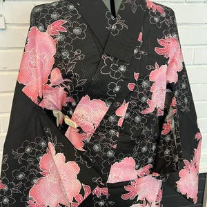 Japanese Yukata 5-Piece Set – Black with Pink Peony Floral Print, Women's Cotton Kimono with Obi & Accessories image 12