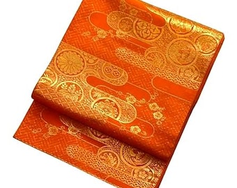 Vintage Orange and Gold Silk Fukuro Obi – Japanese Kimono Belt with Woven Floral & Traditional Motifs