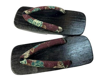 Japanese Men's Geta Sandals / Burgundy Straps with Chrysanthemum,  Size US Men's 7.5