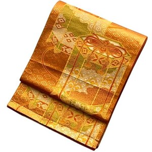 Vintage Japanese Fukuro Obi – Golden Orange Silk Brocade with Jubako & Temari Motif | Furisode & Formal Kimono