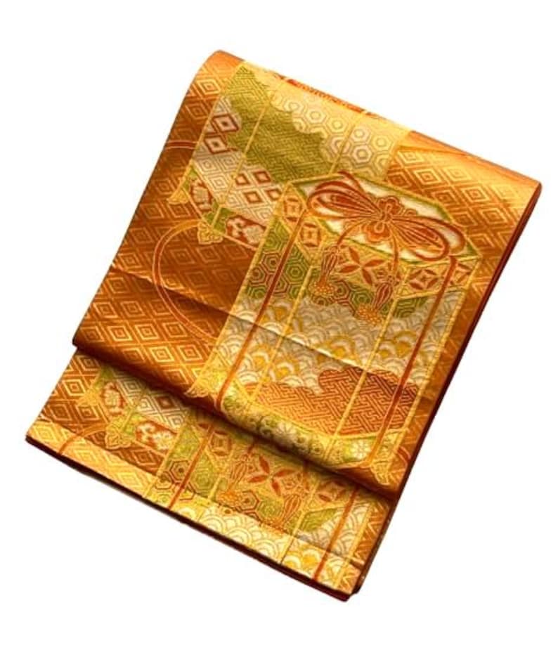 Vintage Japanese Fukuro Obi – Golden Orange Silk Brocade with Jubako & Temari Motif | Furisode & Formal Kimono