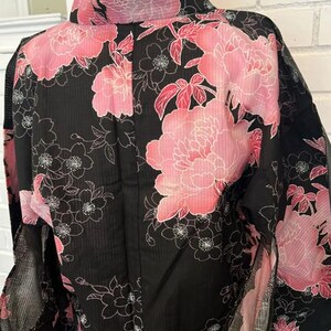 Japanese Yukata 5-Piece Set – Black with Pink Peony Floral Print, Women's Cotton Kimono with Obi & Accessories image 15