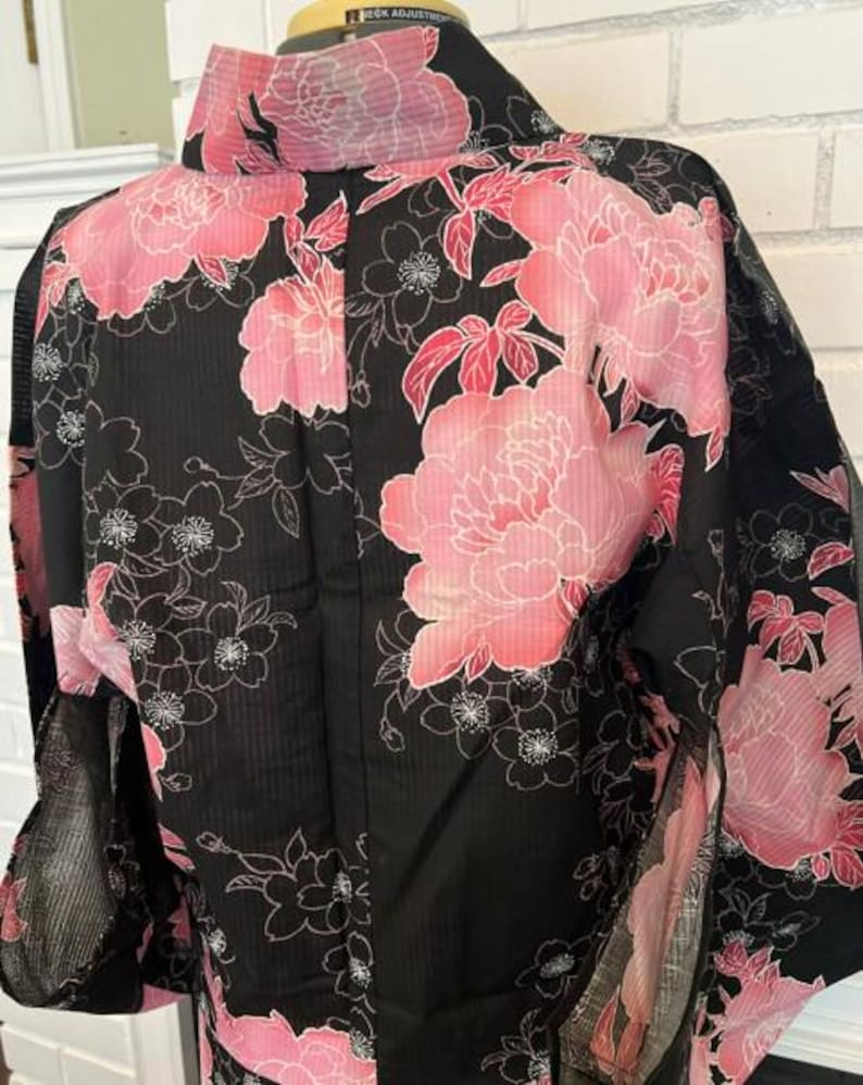 Japanese Yukata 5-Piece Set – Black with Pink Peony Floral Print, Women's Cotton Kimono with Obi & Accessories image 15