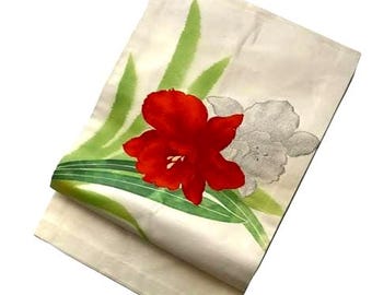 Vintage Japanese Nagoya Obi / Cream Silk / Hand-Painted & Embroidered Red Flower / Kimono Sash Belt