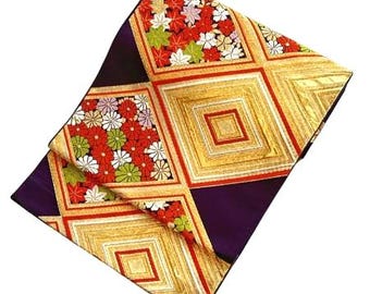 Vintage Japanese Silk Fukuro Obi – Gold Brocade Geometric & Floral Pattern | Traditional Kimono Sash