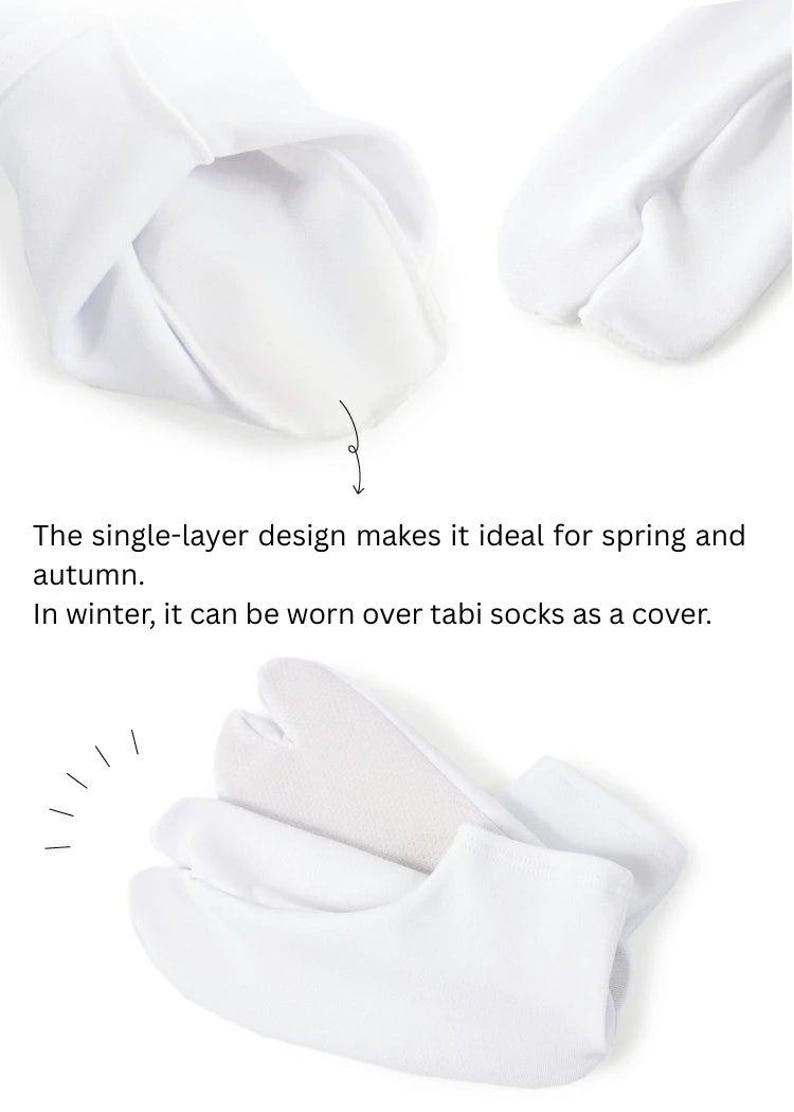 May include: White tabi socks with a split toe design. The socks are made of a single layer of fabric and can be worn over other socks for warmth.