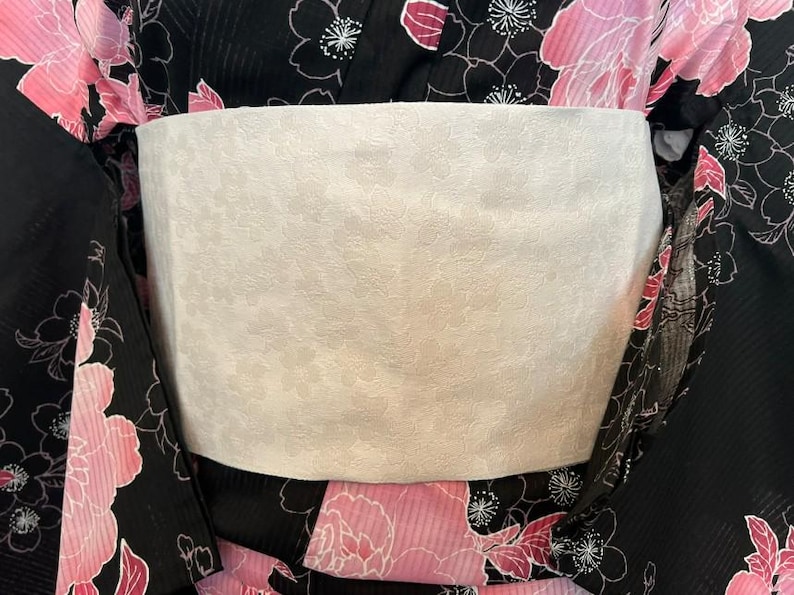 Japanese Yukata 5-Piece Set – Black with Pink Peony Floral Print, Women's Cotton Kimono with Obi & Accessories image 4