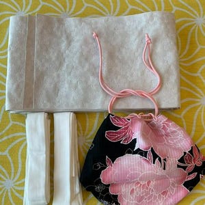 Japanese Yukata 5-Piece Set – Black with Pink Peony Floral Print, Women's Cotton Kimono with Obi & Accessories image 6