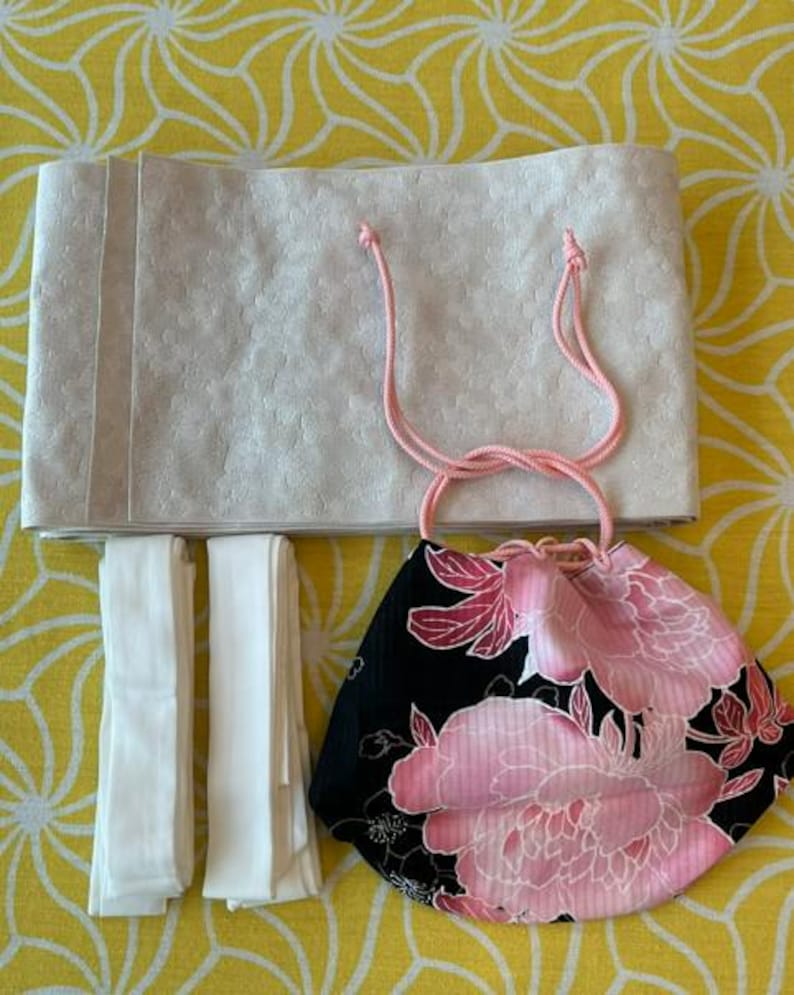 Japanese Yukata 5-Piece Set – Black with Pink Peony Floral Print, Women's Cotton Kimono with Obi & Accessories image 6