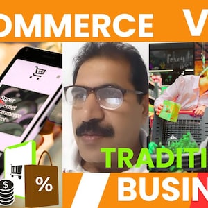 Puede incluir: Un gráfico naranja con el texto "E-COMMERCE VS TRADITIONAL BUSINESS". La imagen muestra un teléfono inteligente con un icono de carrito de compras en línea, un hombre y una mujer y un niño comprando en una tienda.