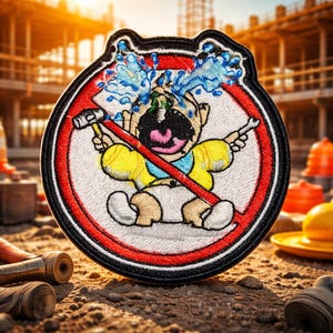 May include: Embroidered patch depicting a cartoon baby with a hammer, crying. The baby is within a red circle with a black border. The baby wears a yellow shirt and a nappy. The background shows a construction site.