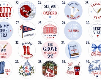 May include: A collection of twenty circular stickers featuring various Ole Miss and Oxford, Mississippi themed designs, including text like Hotty Toddy, Rebel Vibes, and The Grove, alongside illustrations of football helmets, boots, and cocktails.