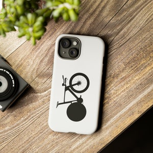 Könnte beinhalten: Weisses Handy-Case mit einer schwarzen Silhouette eines Fahrrads mit einem einzigen Rad.