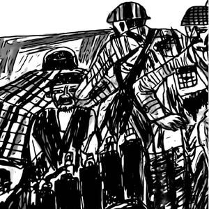 Könnte beinhalten: Schwarzweißillustration von drei Soldaten in Militäruniform, die Waffen und Verpflegung tragen. Die Soldaten befinden sich in einem Schützengraben oder einem anderen militärischen Umfeld.