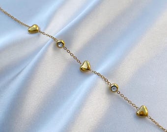 Gold Heart and Crystal Charm Bracelet – Stainless Steel Jewelry